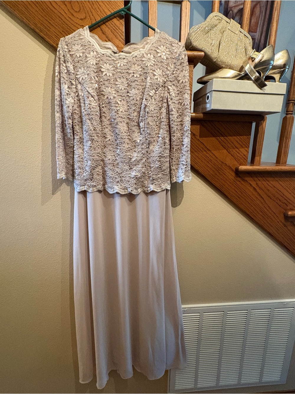 Alex Evenings Taupe Lace Overlay Long Sleeve Evening Gown with gold shoes/clutch